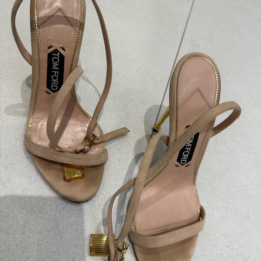 Tom Ford Nude Beige Suede Strappy Sandals with Gold Heel - Picture 2 of 5